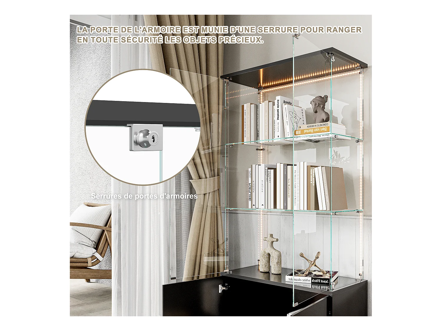 Vitrinekast met 3 planken, opbergruimte en ledverlichting, modern zwart design – Vitrinekast voor woonkamer, slaapkamer of kantoor