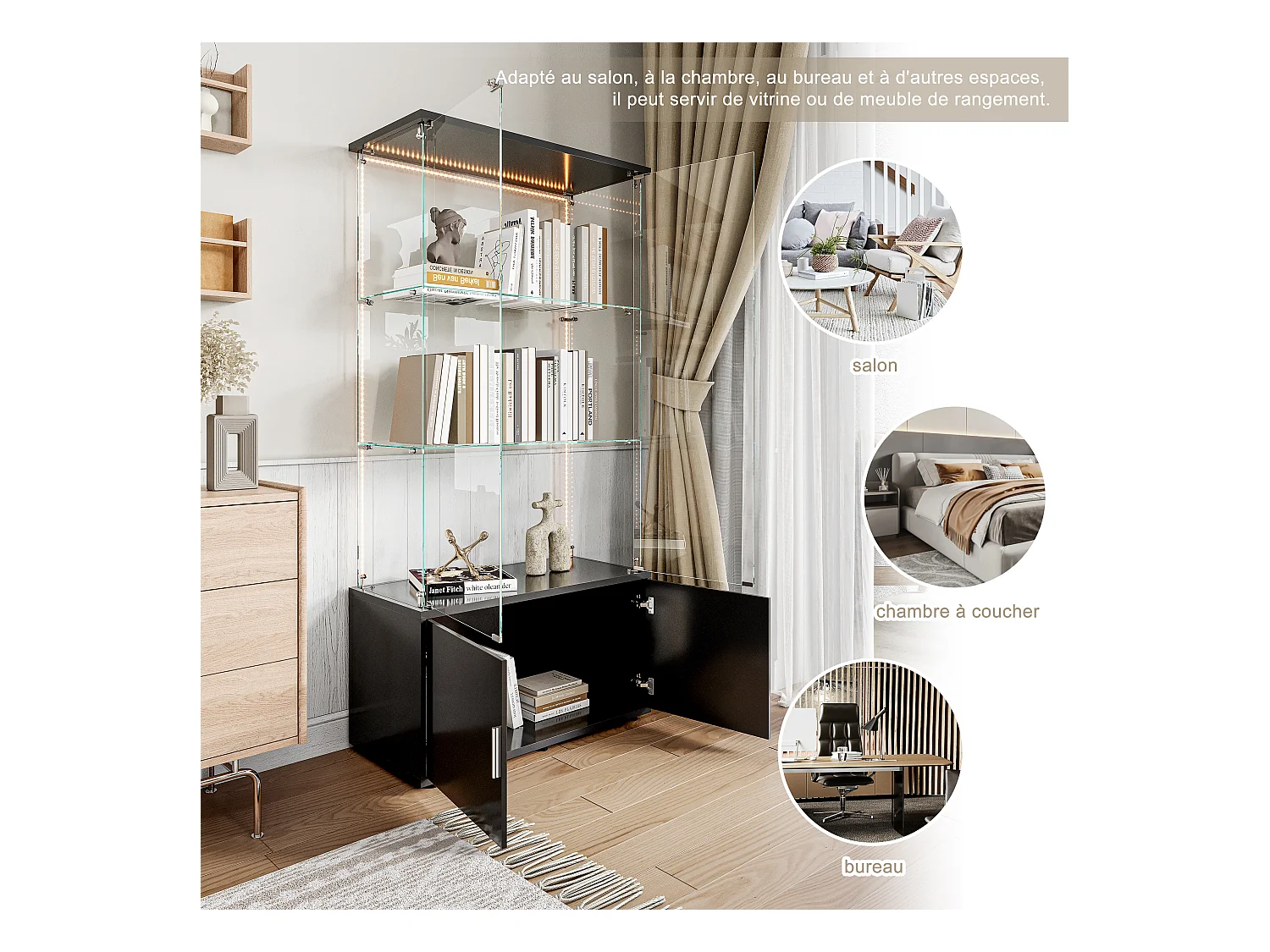 Vitrinekast met 3 planken, opbergruimte en ledverlichting, modern zwart design – Vitrinekast voor woonkamer, slaapkamer of kantoor