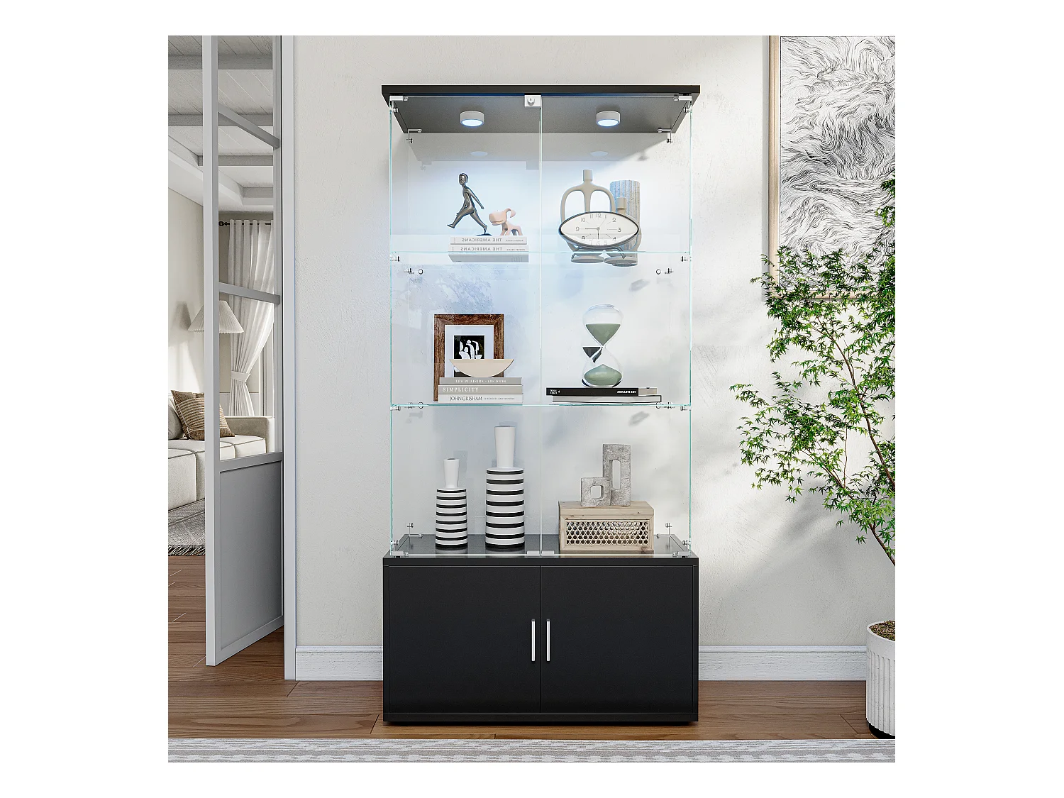 Vitrinekast met 3 planken, LED en opbergruimte, modern zwart/wit design, gehard glas en metaal - Ideaal voor woonkamer, slaapkamer, kantoor