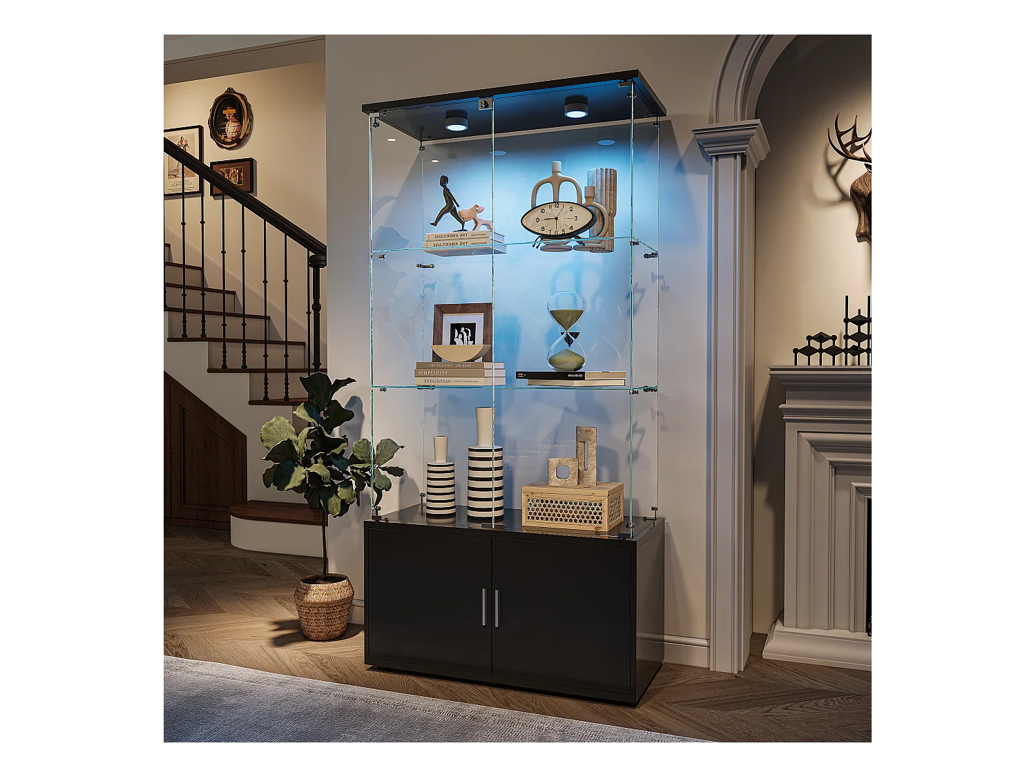 Vitrinekast met 3 planken, LED en opbergruimte, modern zwart/wit design, gehard glas en metaal - Ideaal voor woonkamer, slaapkamer, kantoor