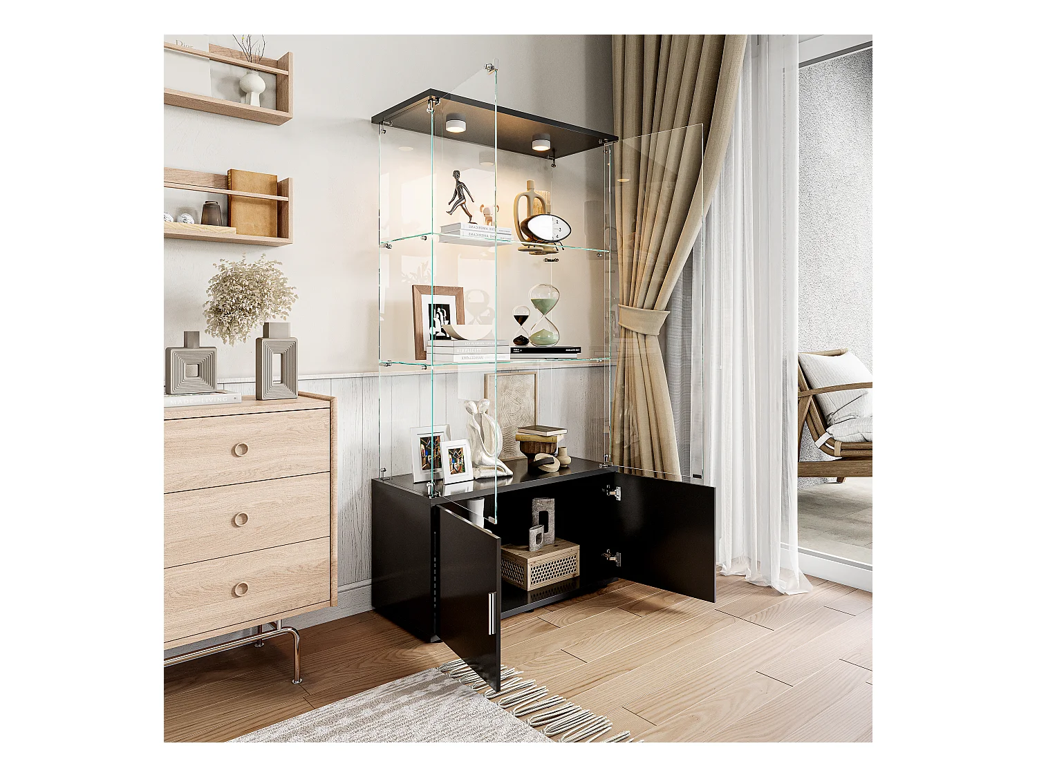 Vitrinekast met 3 planken, LED en opbergruimte, modern zwart/wit design, gehard glas en metaal - Ideaal voor woonkamer, slaapkamer, kantoor