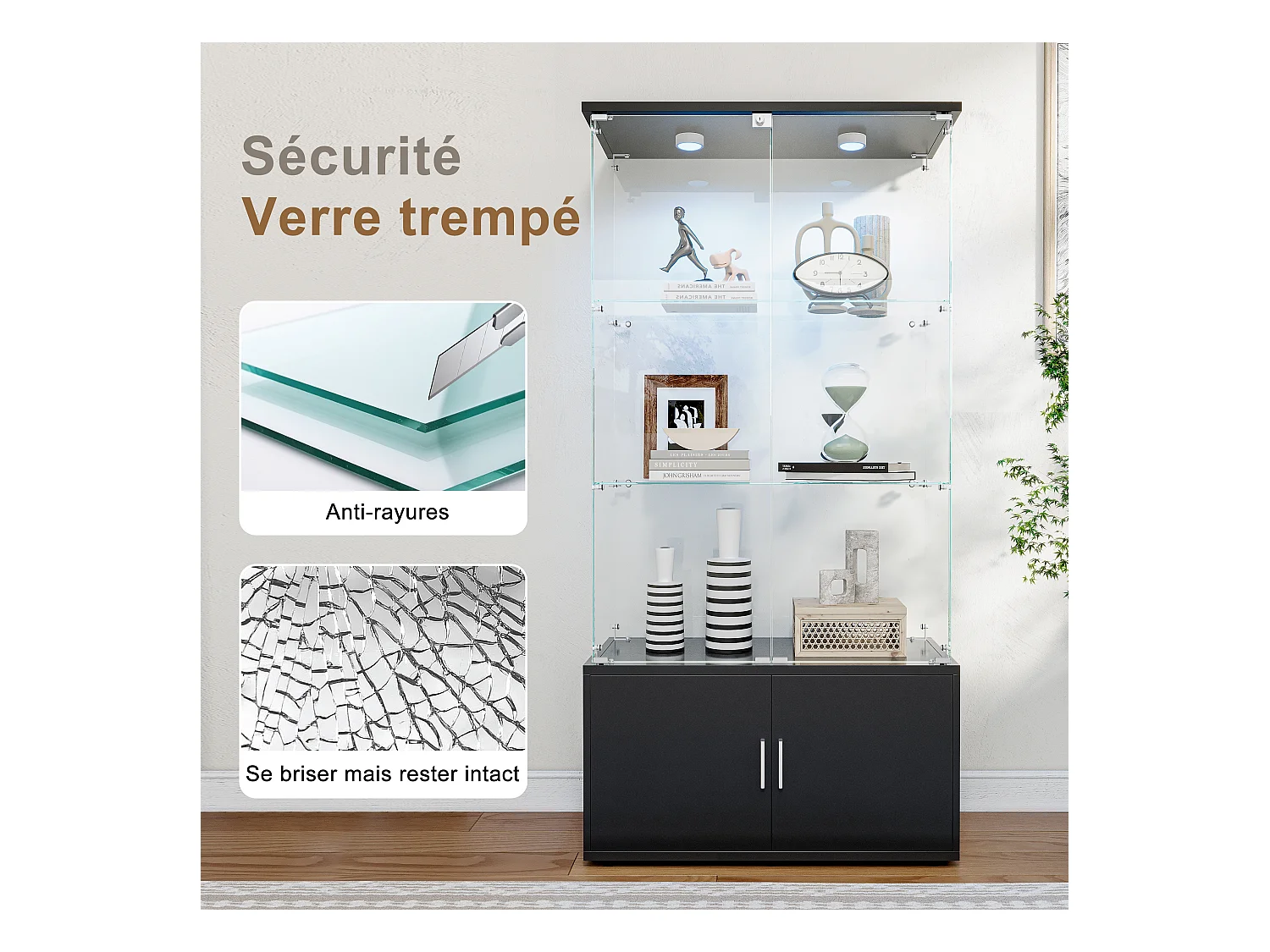 Vitrinekast met 3 planken, LED en opbergruimte, modern zwart/wit design, gehard glas en metaal - Ideaal voor woonkamer, slaapkamer, kantoor