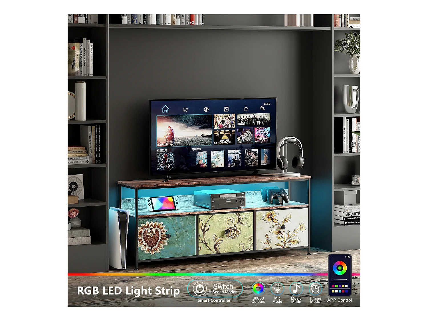 Móvel TV 108 cm com LED, tampo com efeito madeira tigre, 4 gavetas em tecido colorido, estrutura metálica, arrumação moderna com pés reguláveis