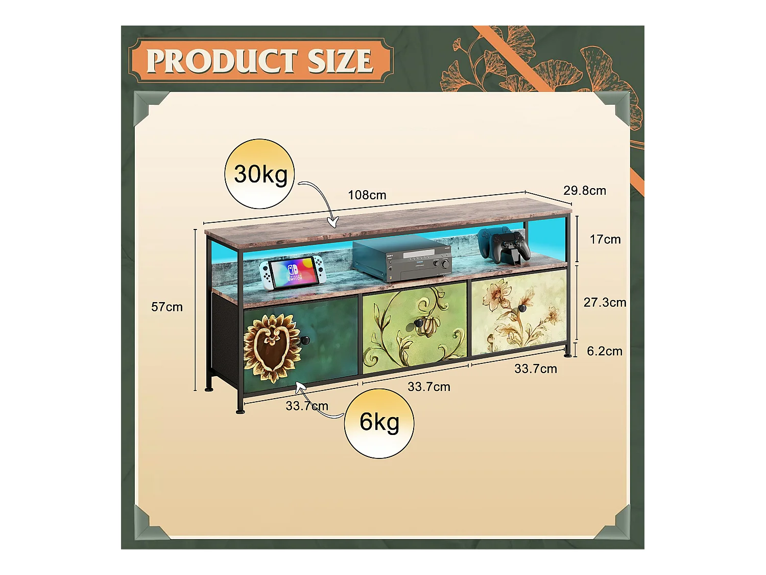 Móvel TV 108 cm com LED, tampo com efeito madeira tigre, 4 gavetas em tecido colorido, estrutura metálica, arrumação moderna com pés reguláveis