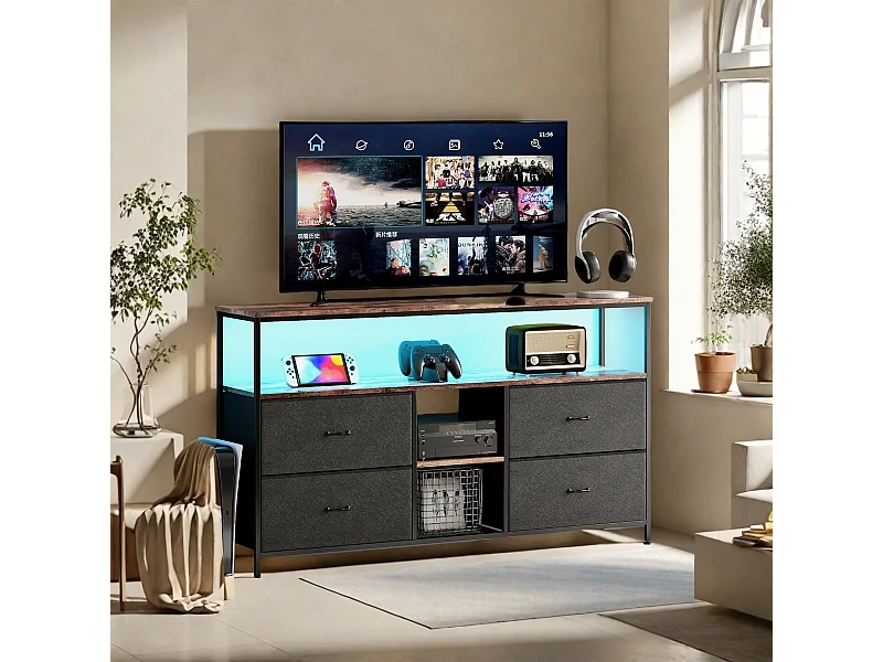 TV-meubel 108 cm met LED, tijgerhoutlook bovenkant, 4 zwarte PU-stoffen lades, stevig metalen frame, verstelbare poten, retro-moderne stijl