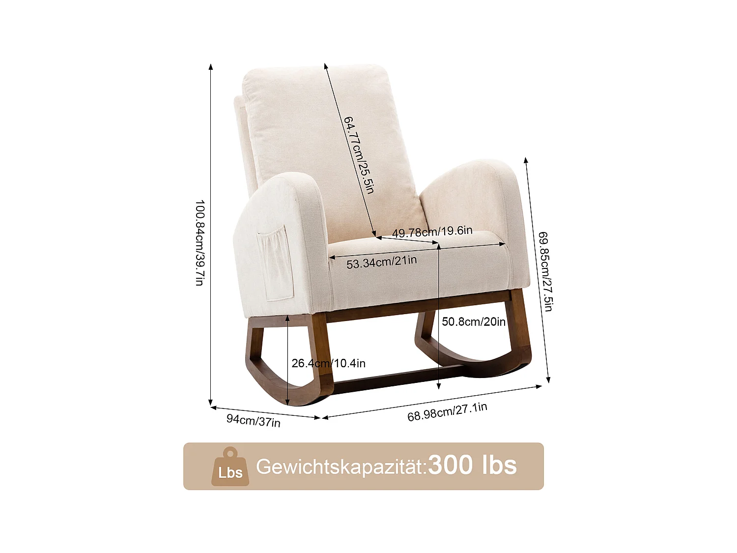 Beige badstof schommelstoel met kussen, hoge rugleuning en armleuningen - modern en comfortabel design