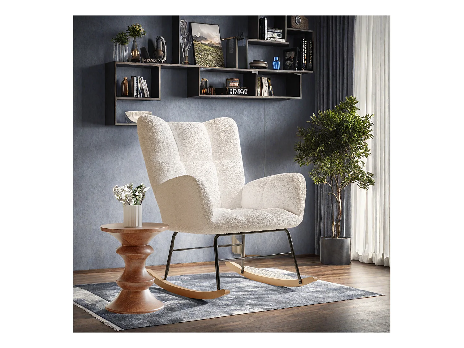 Fauteuil à bascule en tissu teddy blanc cassé, design cosy et moderne pour salon, chambre ou coin lecture