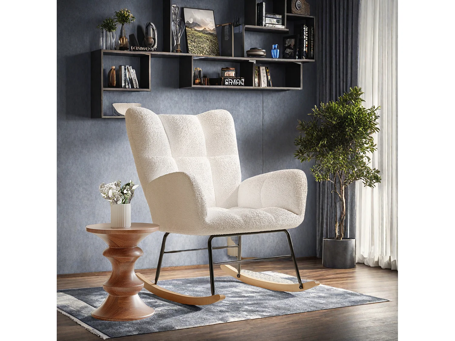 Fauteuil à bascule en tissu teddy blanc cassé, design cosy et moderne pour salon, chambre ou coin lecture