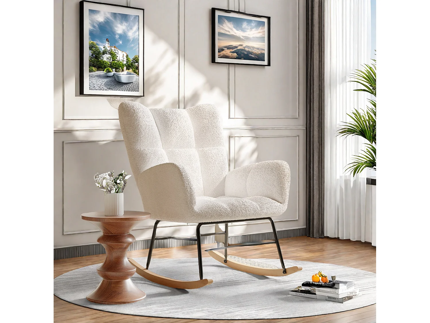 Fauteuil à bascule en tissu teddy blanc cassé, design cosy et moderne pour salon, chambre ou coin lecture