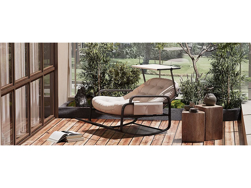 Fauteuil à bascule extérieur avec coussin beige, dossier réglable, repose-pieds pliable et auvent, rotin tressé, idéal balcon jardin terrasse