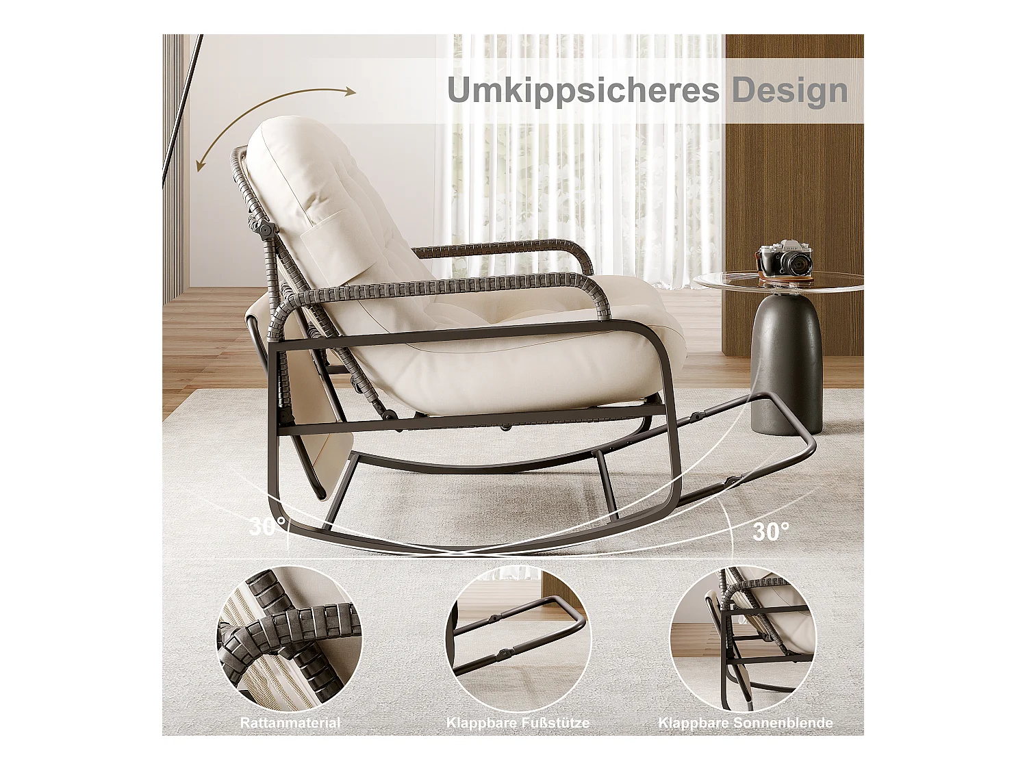 Fauteuil à bascule extérieur avec coussin beige, dossier réglable, repose-pieds pliable et auvent, rotin tressé, idéal balcon jardin terrasse