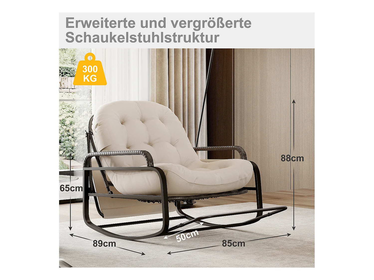 Fauteuil à bascule extérieur avec coussin beige, dossier réglable, repose-pieds pliable et auvent, rotin tressé, idéal balcon jardin terrasse