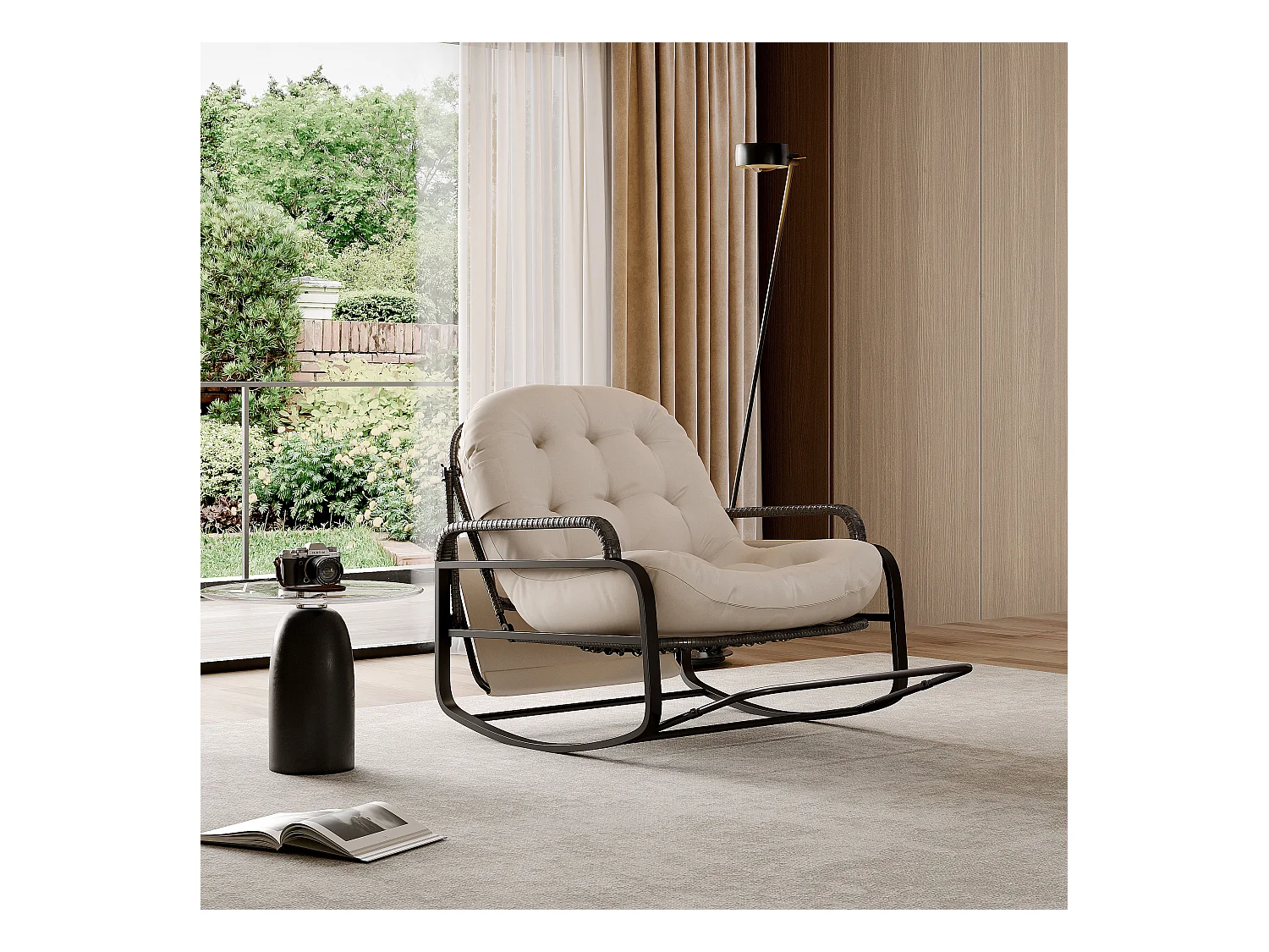 Fauteuil à bascule extérieur avec coussin beige, dossier réglable, repose-pieds pliable et auvent, rotin tressé, idéal balcon jardin terrasse