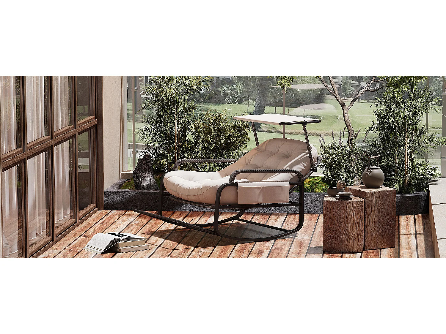 Fauteuil à bascule extérieur avec coussin beige, dossier réglable, repose-pieds pliable et auvent, rotin tressé, idéal balcon jardin terrasse