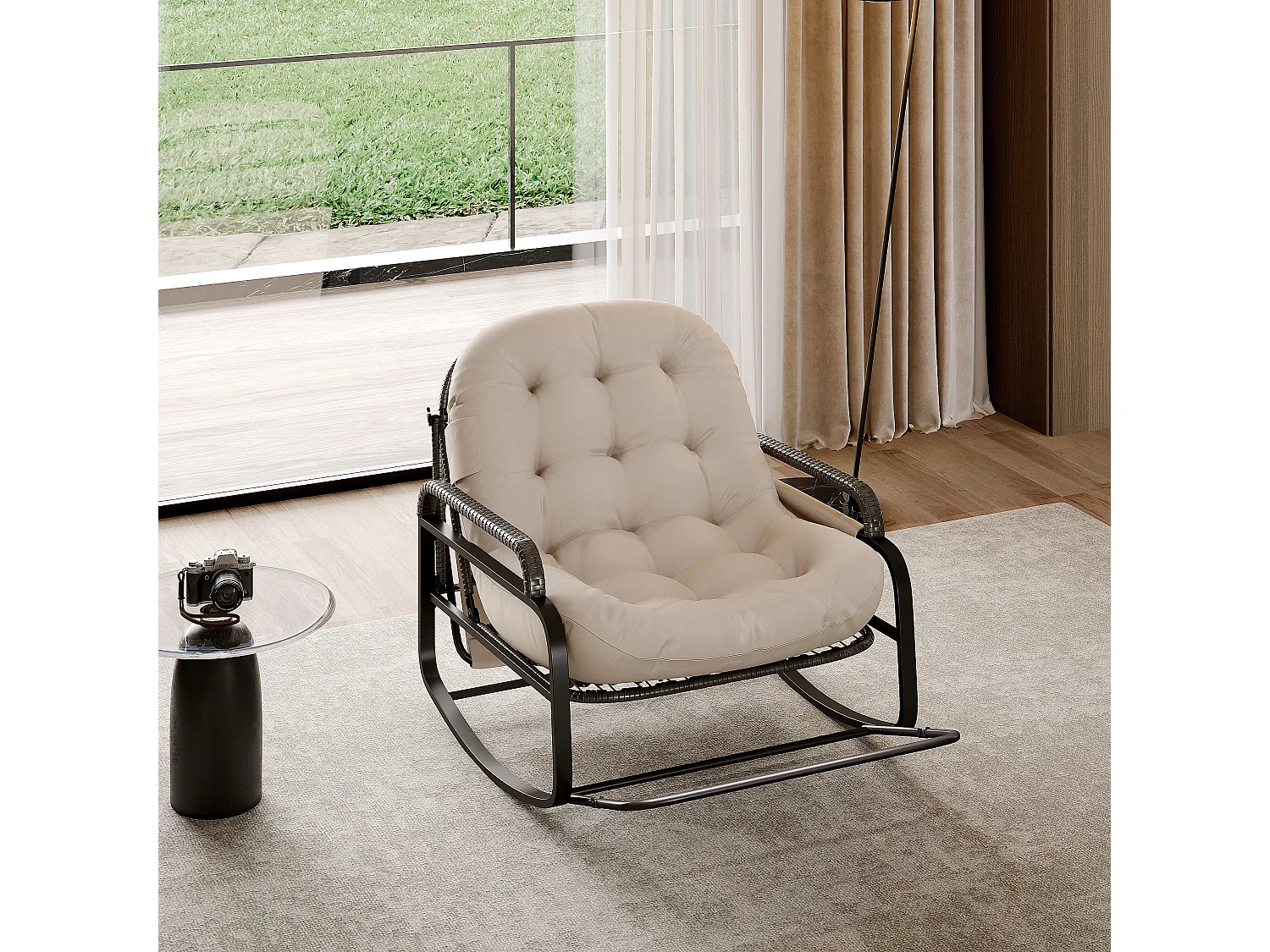 Fauteuil à bascule extérieur avec coussin beige, dossier réglable, repose-pieds pliable et auvent, rotin tressé, idéal balcon jardin terrasse