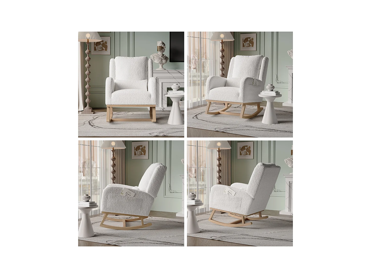 Sedia a dondolo bianca Sedia a dondolo in tessuto con schienale alto Sedia a dondolo con tasca laterale e cuscino lombare Sedia a dondolo per interni ed esterni