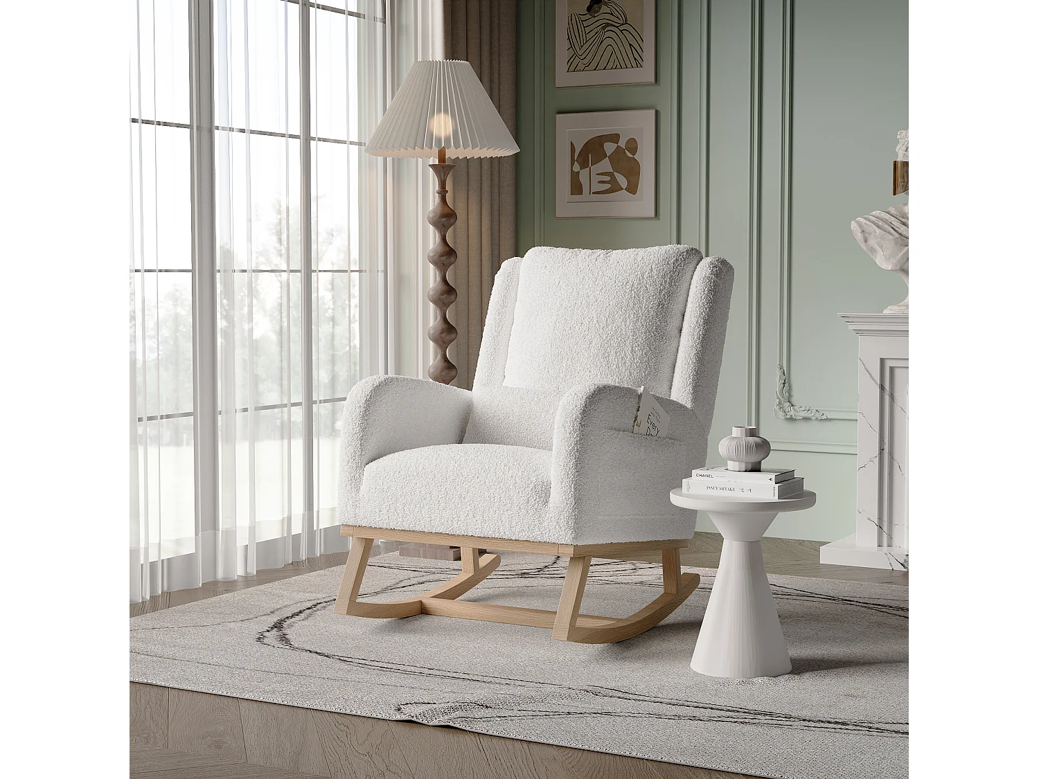 Fauteuil à bascule blanc Fauteuil Relax a Bascule en Tissu avec Dossier Haut Rocking Chair avec Poche Latérale et Coussin Lombaire Rocking Chair Intérieur Extérieur