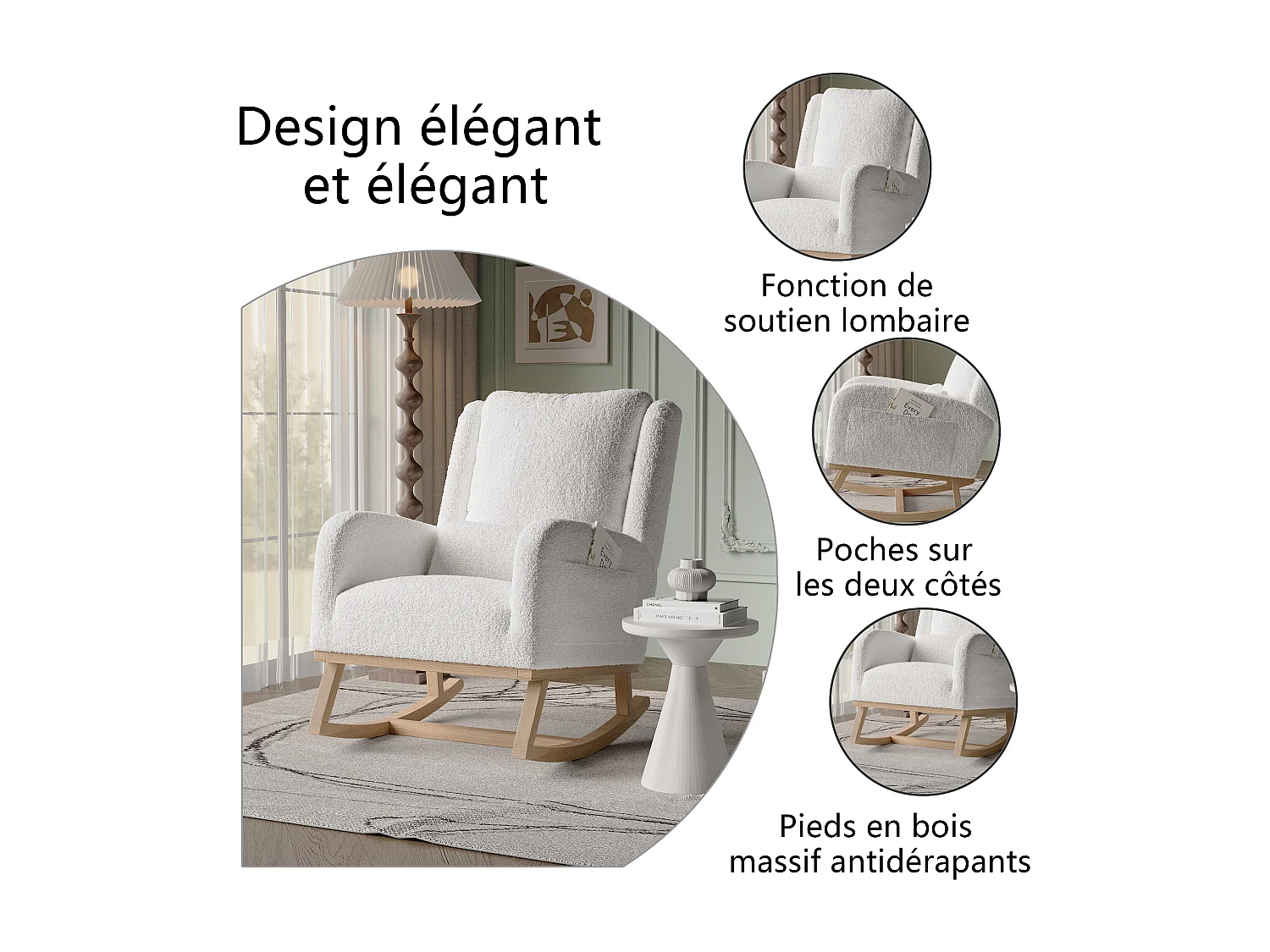 Fauteuil à bascule blanc Fauteuil Relax a Bascule en Tissu avec Dossier Haut Rocking Chair avec Poche Latérale et Coussin Lombaire Rocking Chair Intérieur Extérieur