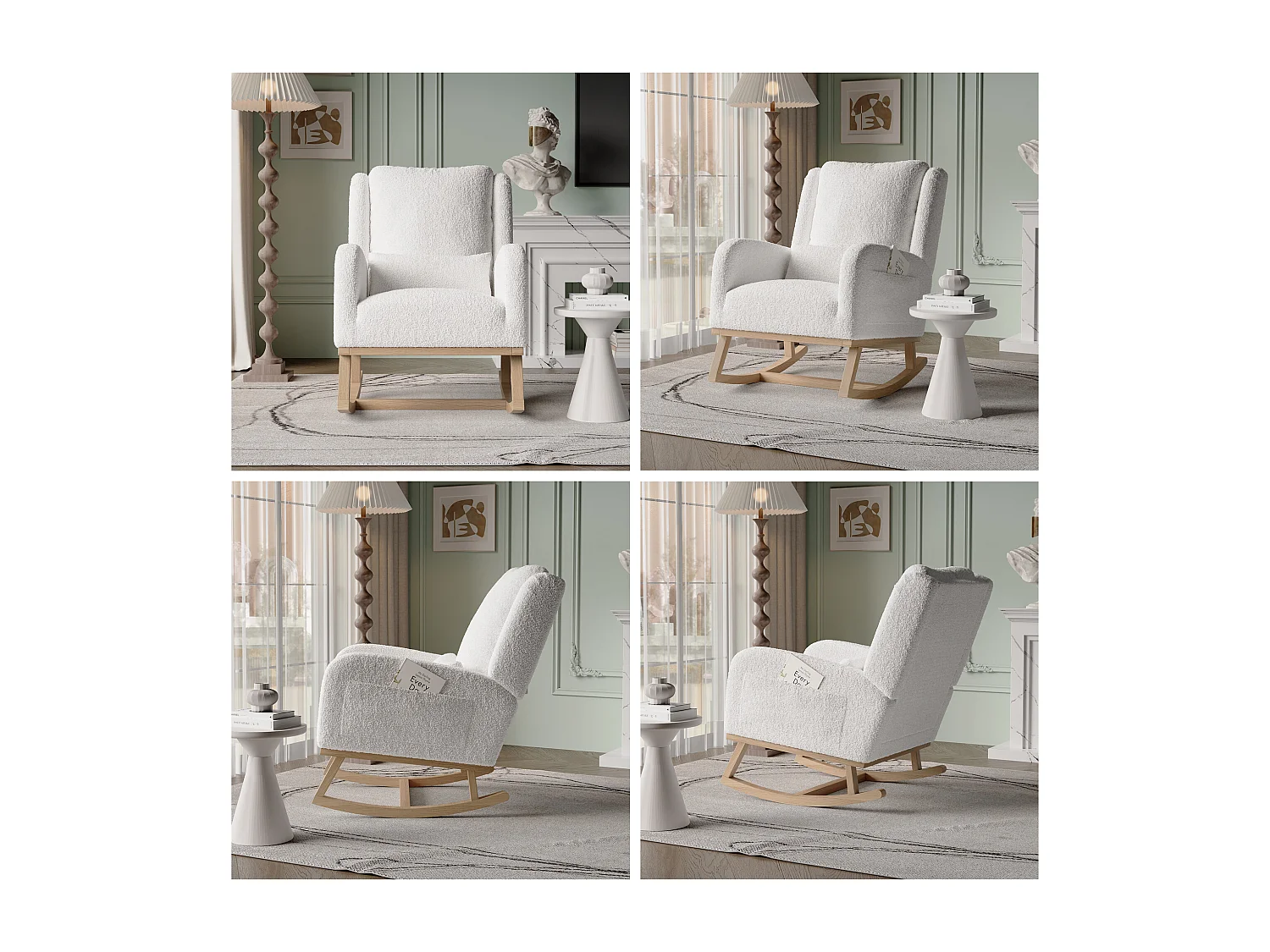Fauteuil à bascule blanc Fauteuil Relax a Bascule en Tissu avec Dossier Haut Rocking Chair avec Poche Latérale et Coussin Lombaire Rocking Chair Intérieur Extérieur