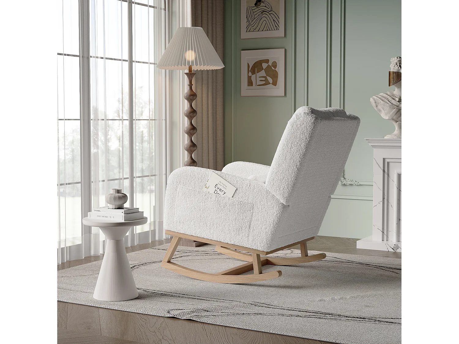 Fauteuil à bascule blanc Fauteuil Relax a Bascule en Tissu avec Dossier Haut Rocking Chair avec Poche Latérale et Coussin Lombaire Rocking Chair Intérieur Extérieur