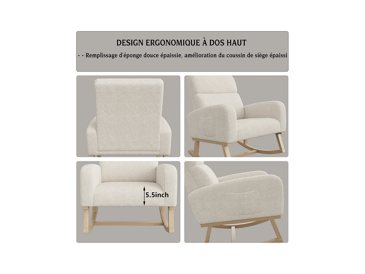 Beige schommelstoel van teddystof met zijvakken, brede zitting en stille antislipkussentjes