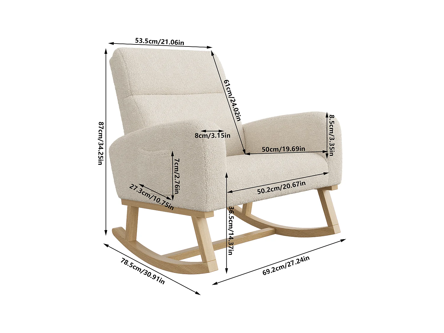 Beige schommelstoel van teddystof met zijvakken, brede zitting en stille antislipkussentjes