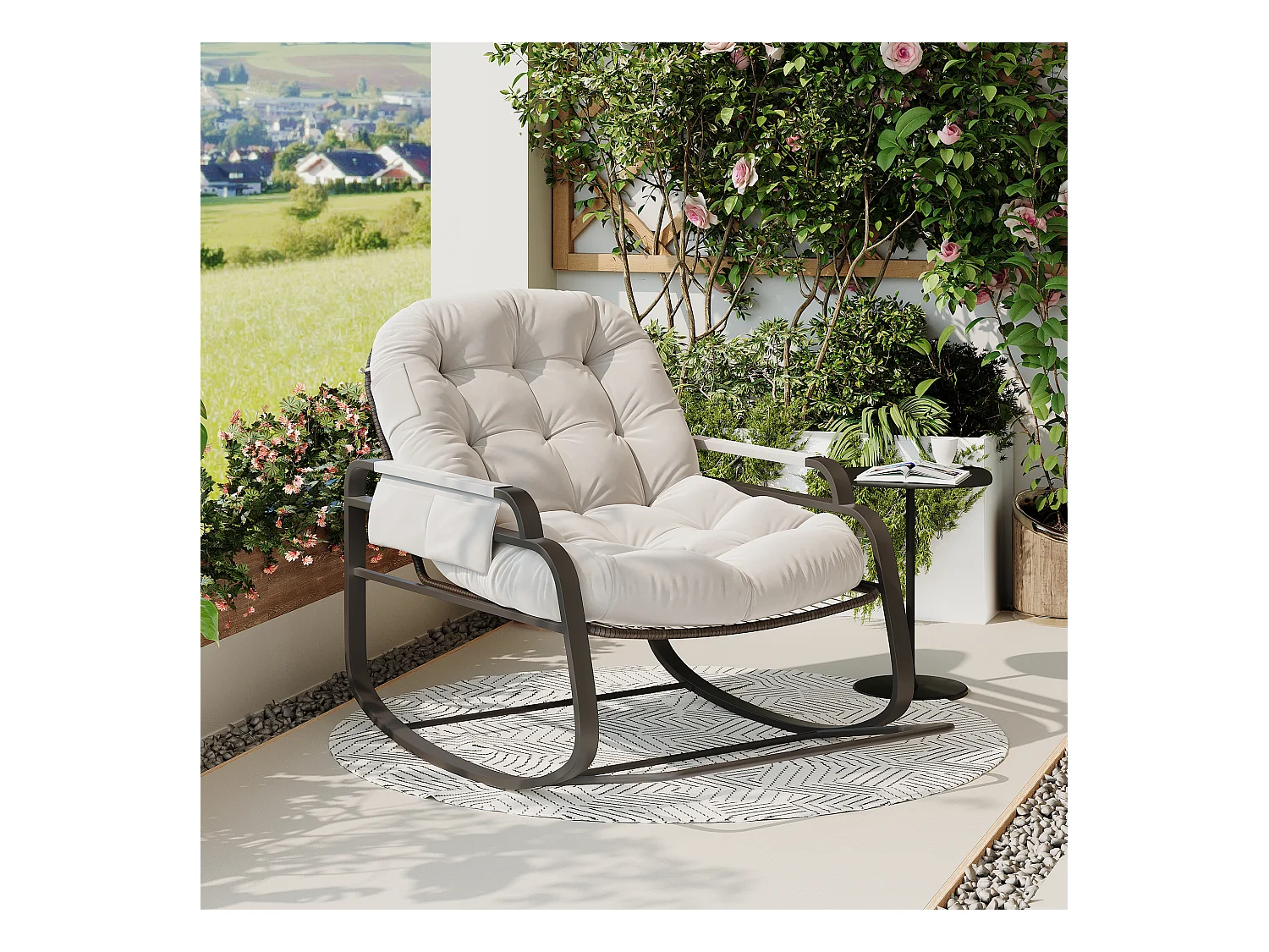 Fauteuil à bascule d’extérieur en rotin avec repose-pieds pliable, coussin beige et rangement sur accoudoirs – design moderne