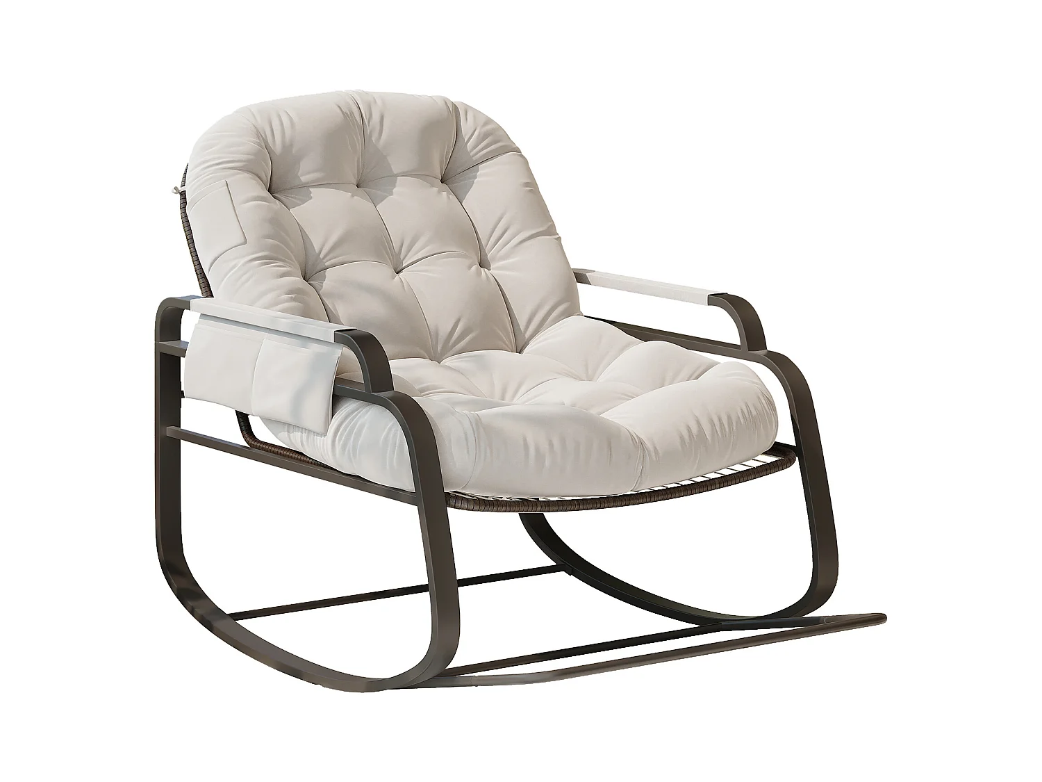 Fauteuil à bascule d’extérieur en rotin avec repose-pieds pliable, coussin beige et rangement sur accoudoirs – design moderne