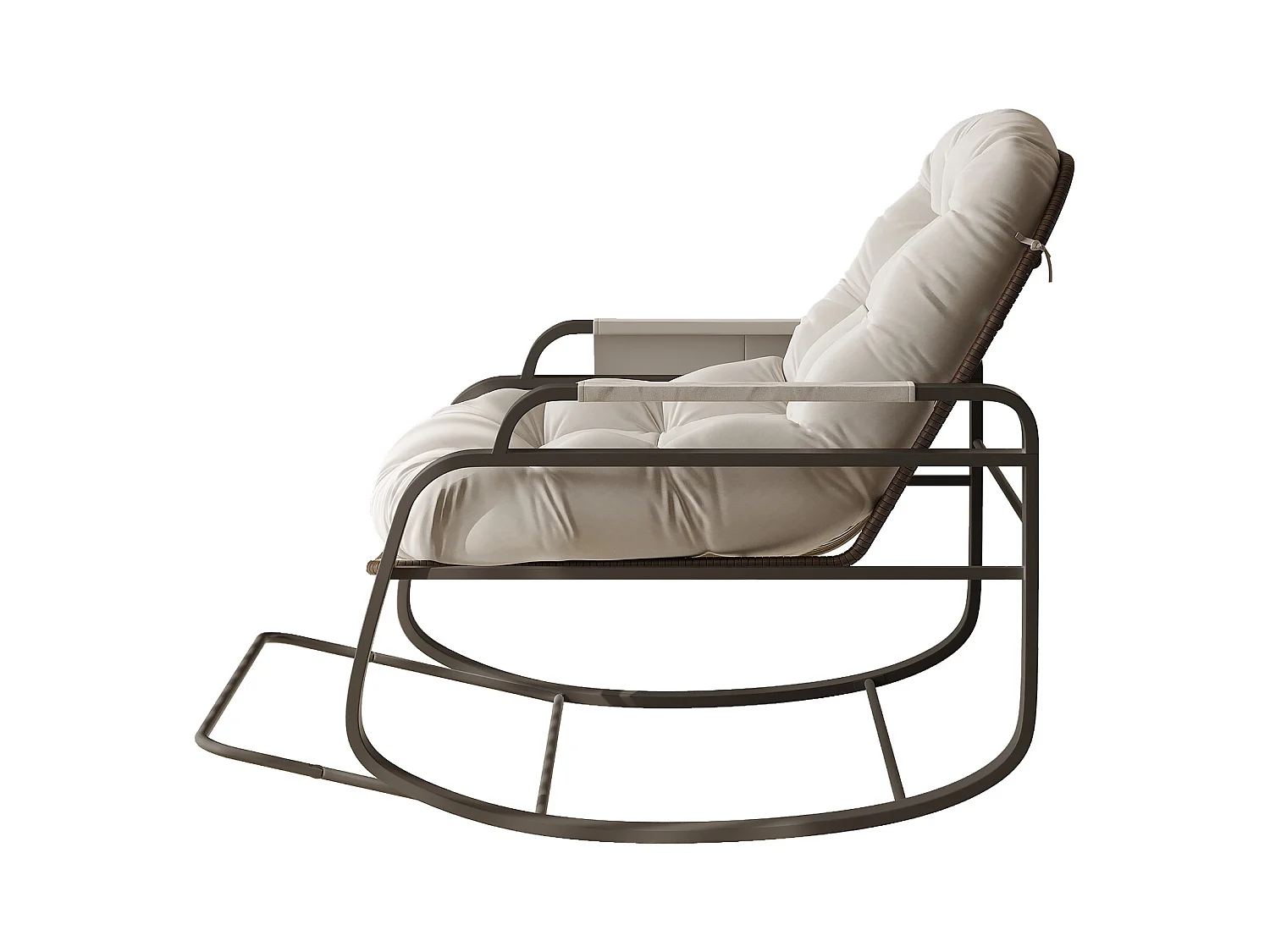 Fauteuil à bascule d’extérieur en rotin avec repose-pieds pliable, coussin beige et rangement sur accoudoirs – design moderne