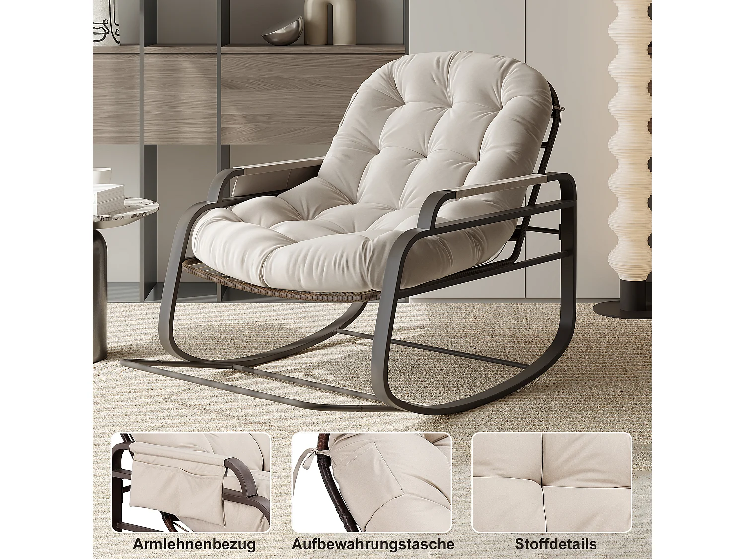 Fauteuil à bascule d’extérieur en rotin avec repose-pieds pliable, coussin beige et rangement sur accoudoirs – design moderne