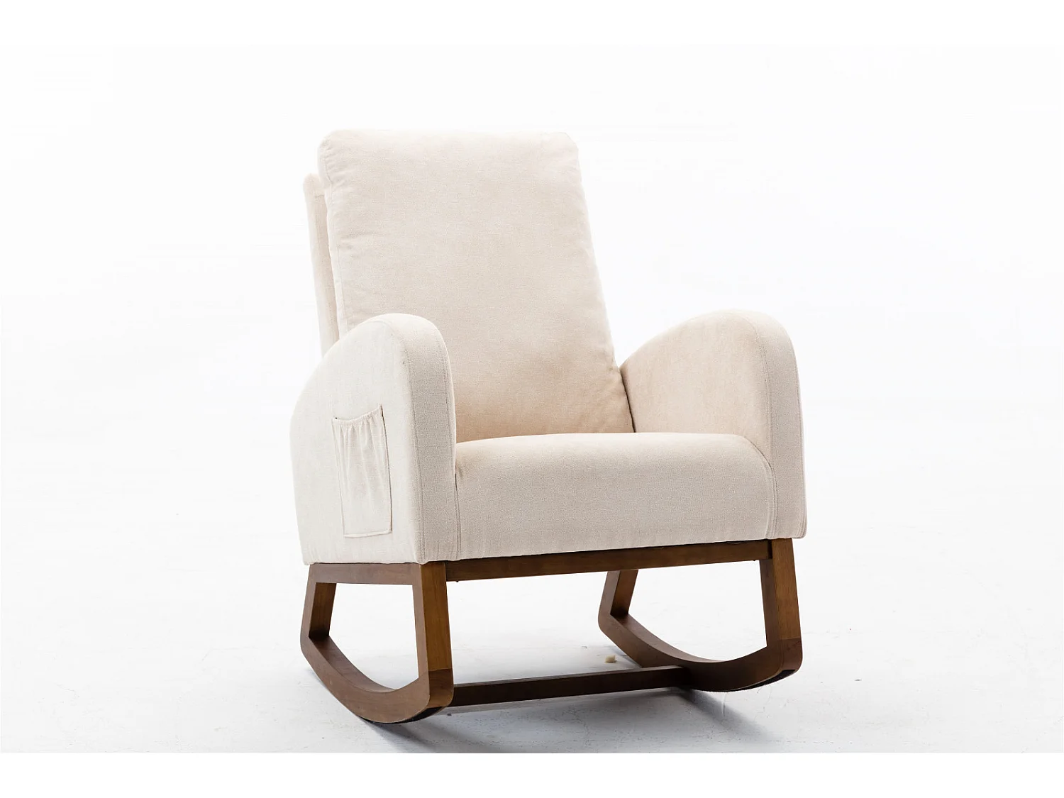 Fauteuil à bascule beige en tissu éponge avec coussin, dossier haut et accoudoirs – design moderne et confortable