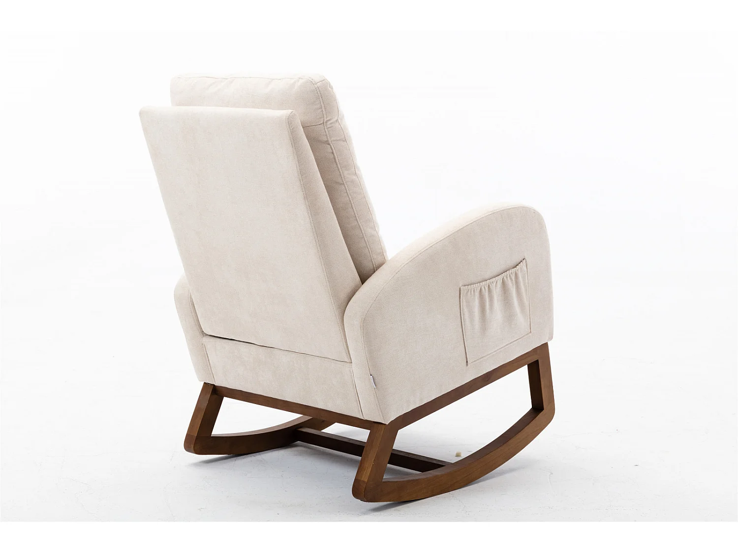 Fauteuil à bascule beige en tissu éponge avec coussin, dossier haut et accoudoirs – design moderne et confortable