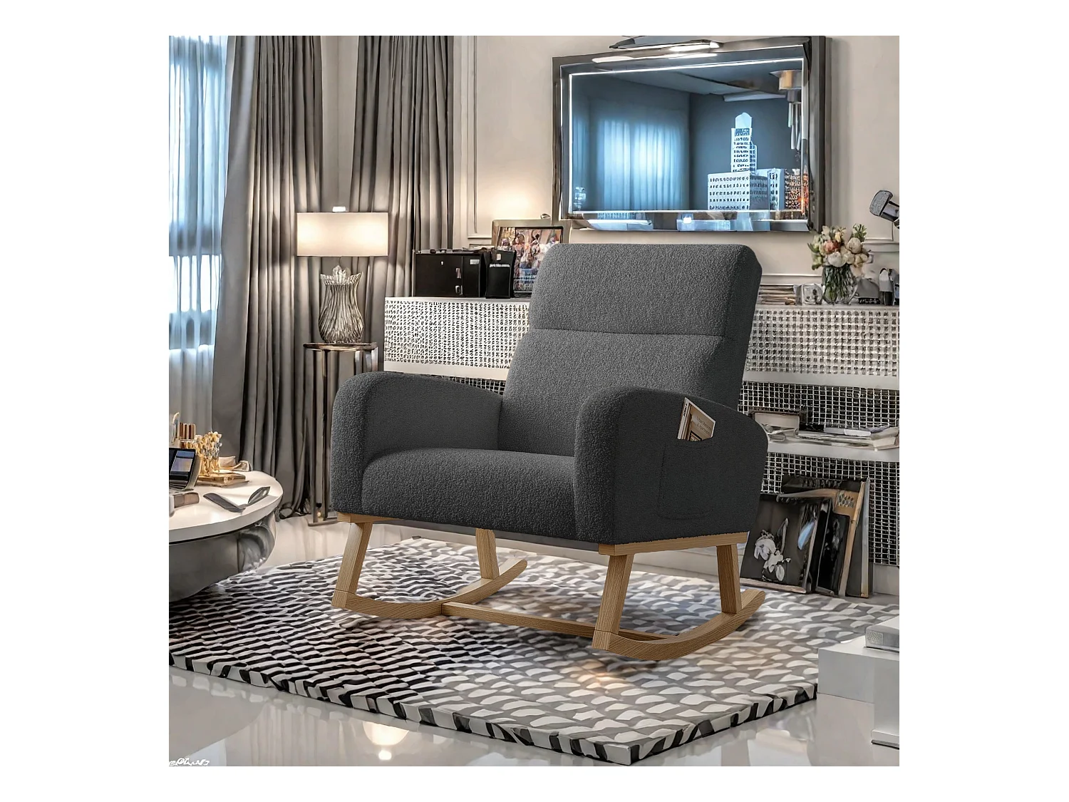 Fauteuil à bascule en tissu teddy noir avec poches latérales, assise large et patins antidérapants silencieux