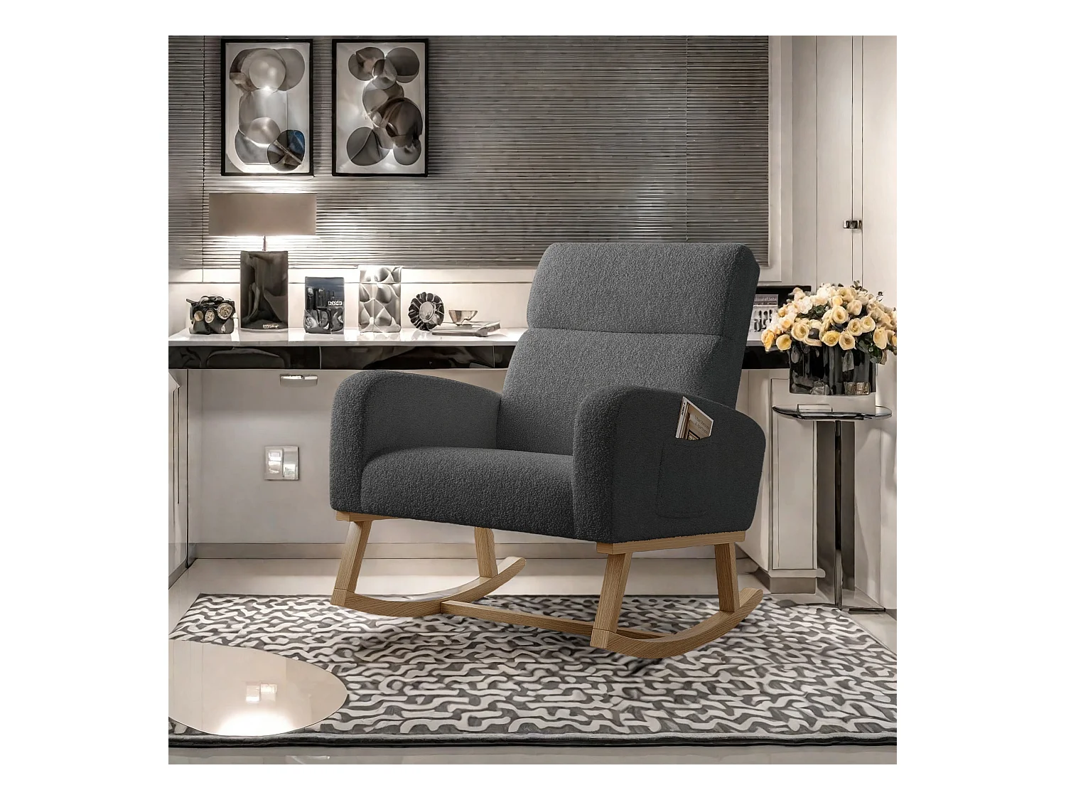 Fauteuil à bascule en tissu teddy noir avec poches latérales, assise large et patins antidérapants silencieux