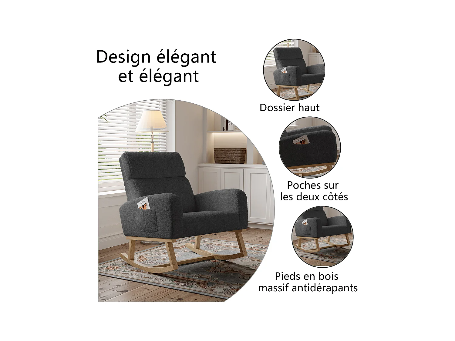 Fauteuil à bascule en tissu teddy noir avec poches latérales, assise large et patins antidérapants silencieux