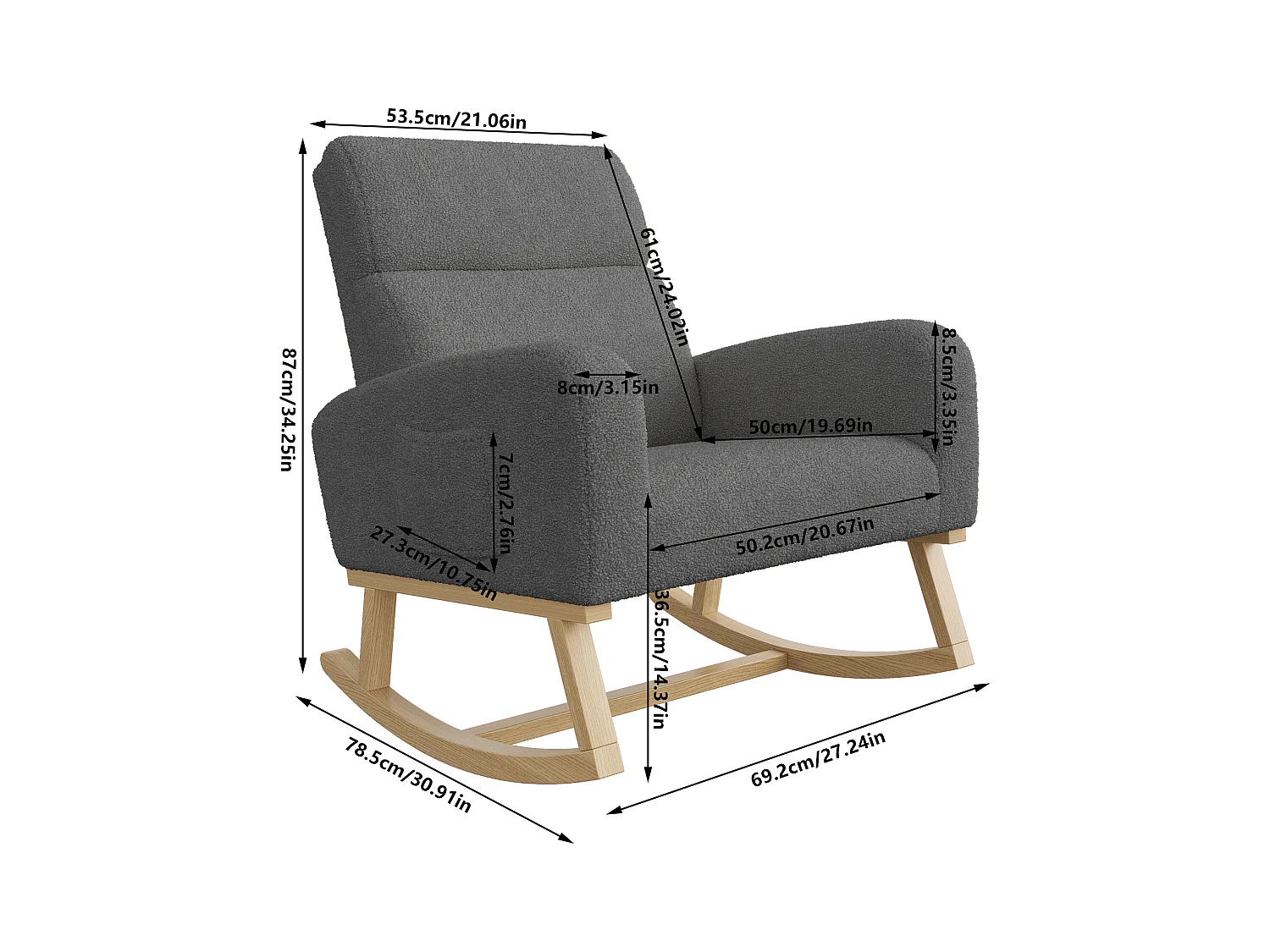 Fauteuil à bascule en tissu teddy noir avec poches latérales, assise large et patins antidérapants silencieux