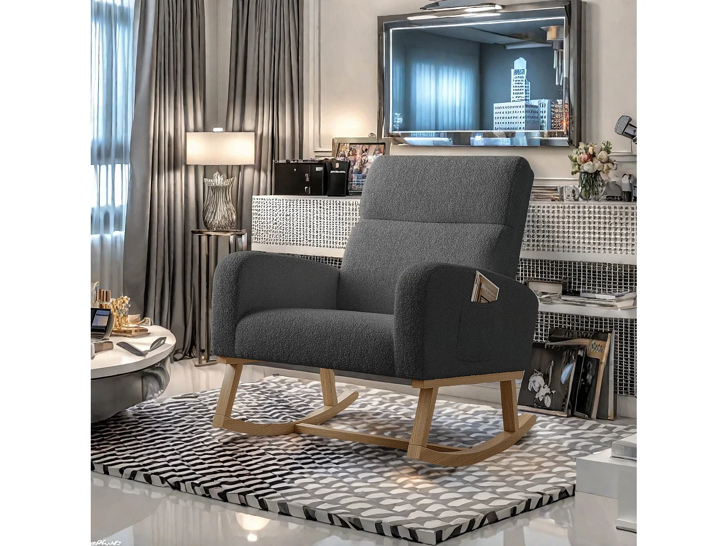 Cadeira de balanço em tecido Teddy preto com bolsos laterais, assento largo e almofadas antiderrapantes silenciosas