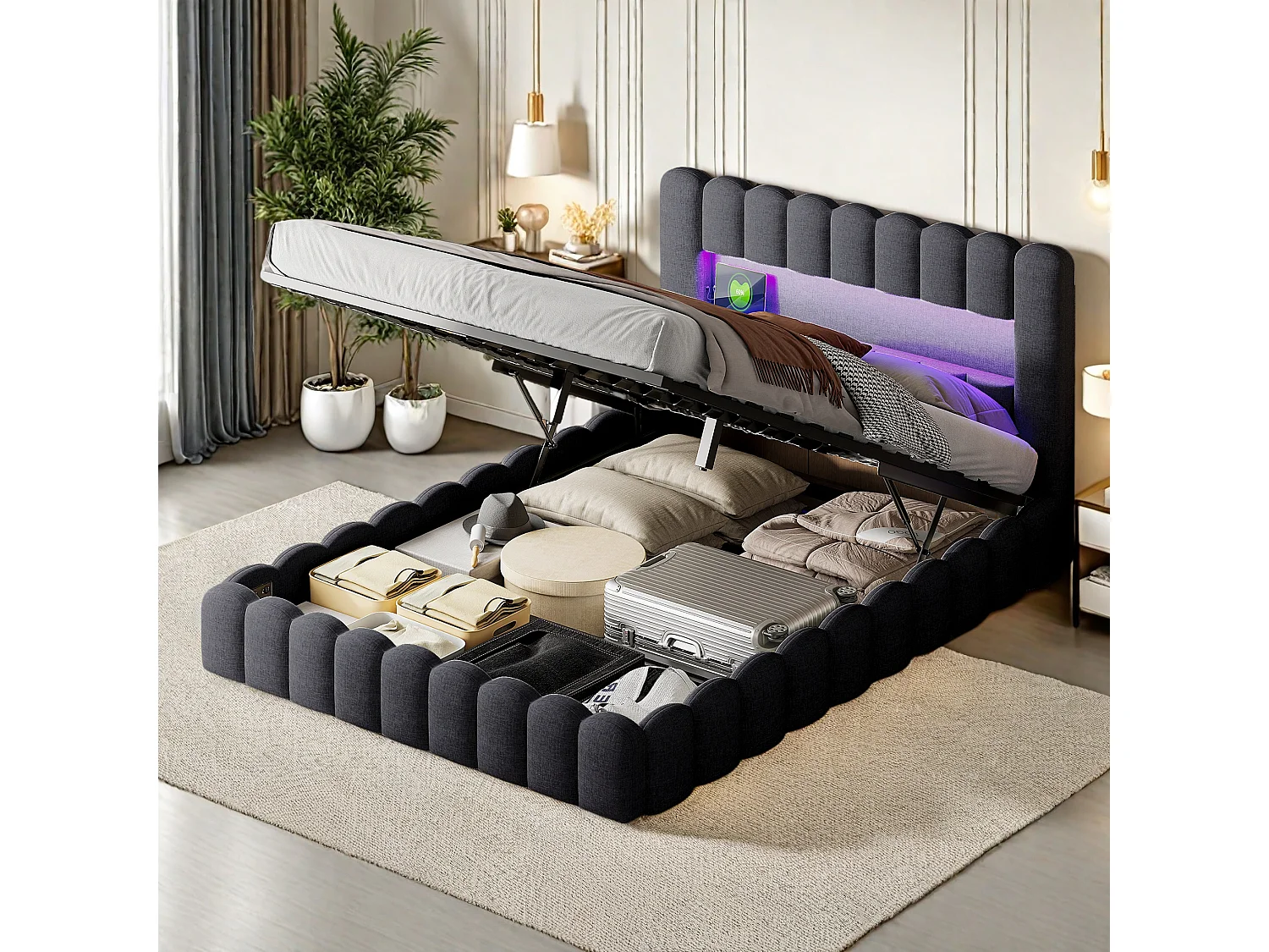 Tweepersoonsbedframe 140 x 200 cm, Grijs met opbergruimte, Linnen stof, LED-verlichting, Hoofdbord en oplaadstation, Lattenbodem