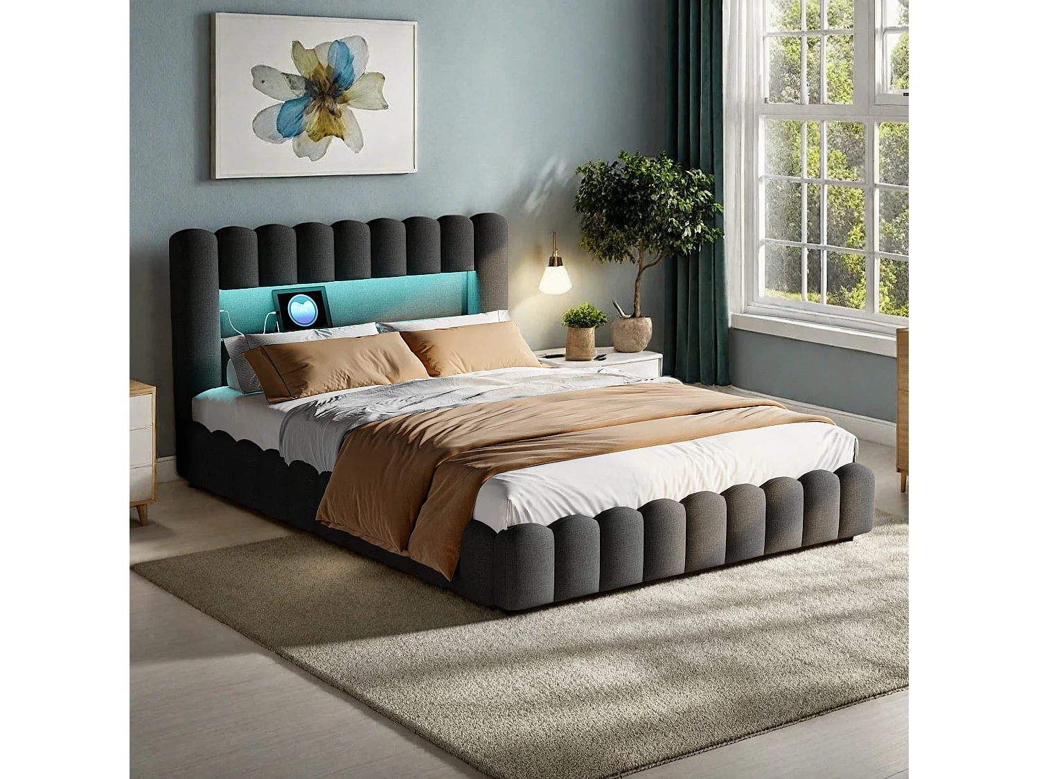 Tweepersoonsbedframe 140 x 200 cm, Grijs met opbergruimte, Linnen stof, LED-verlichting, Hoofdbord en oplaadstation, Lattenbodem