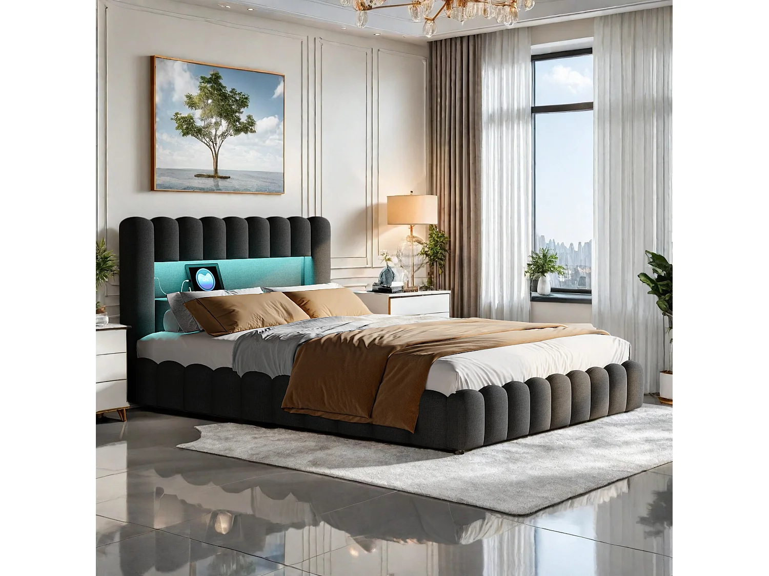 Tweepersoonsbedframe 140 x 200 cm, Grijs met opbergruimte, Linnen stof, LED-verlichting, Hoofdbord en oplaadstation, Lattenbodem