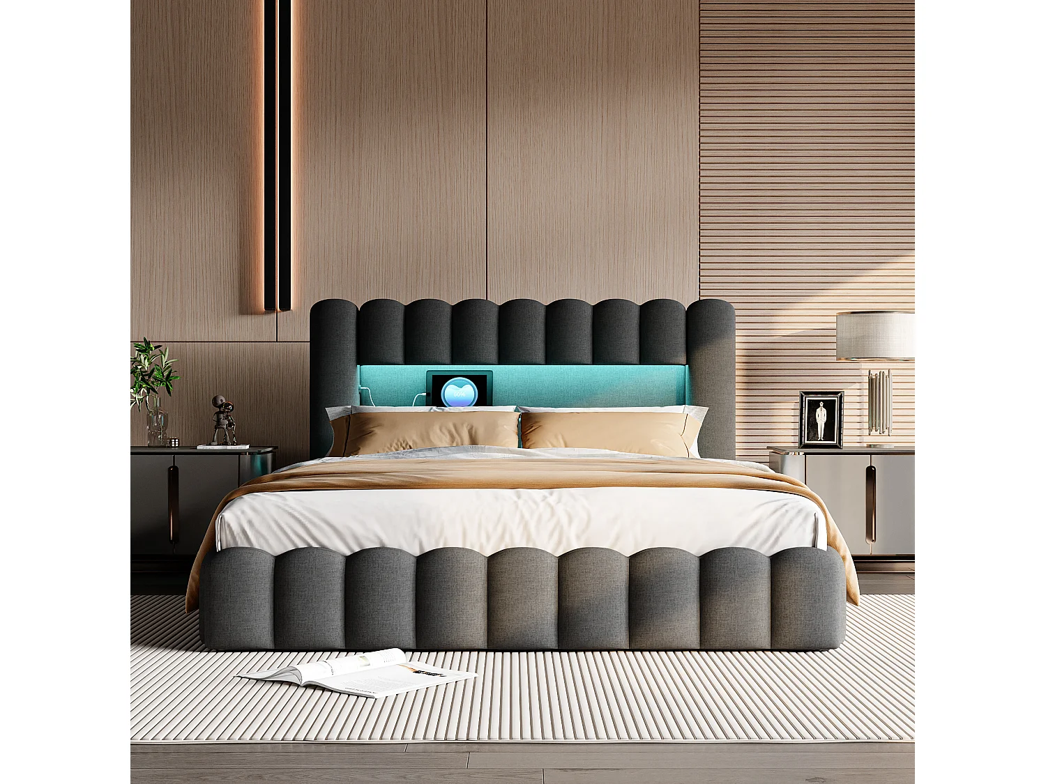 Tweepersoonsbedframe 140 x 200 cm, Grijs met opbergruimte, Linnen stof, LED-verlichting, Hoofdbord en oplaadstation, Lattenbodem