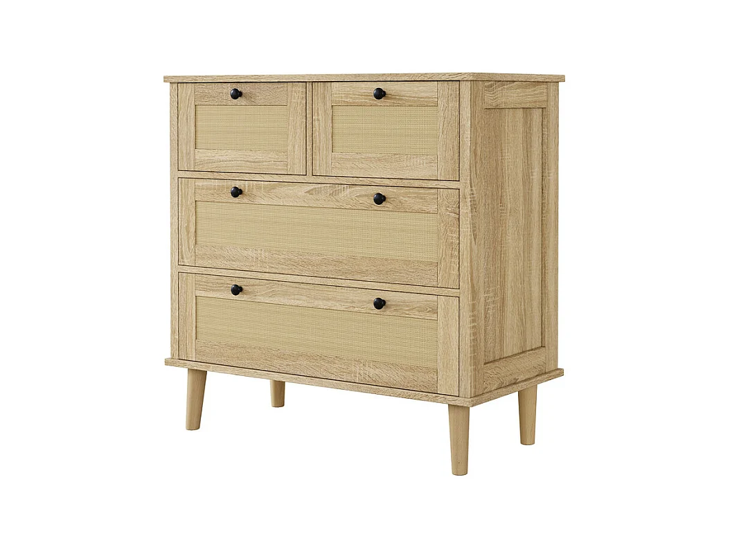 Kommode 4 Rattan Schubladen - mit Schwarzem Griff - Massivholzfüße 80x40x80cm