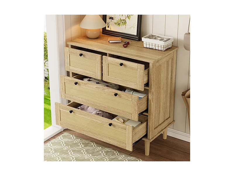 Kommode 4 Rattan Schubladen - mit Schwarzem Griff - Massivholzfüße 80x40x80cm