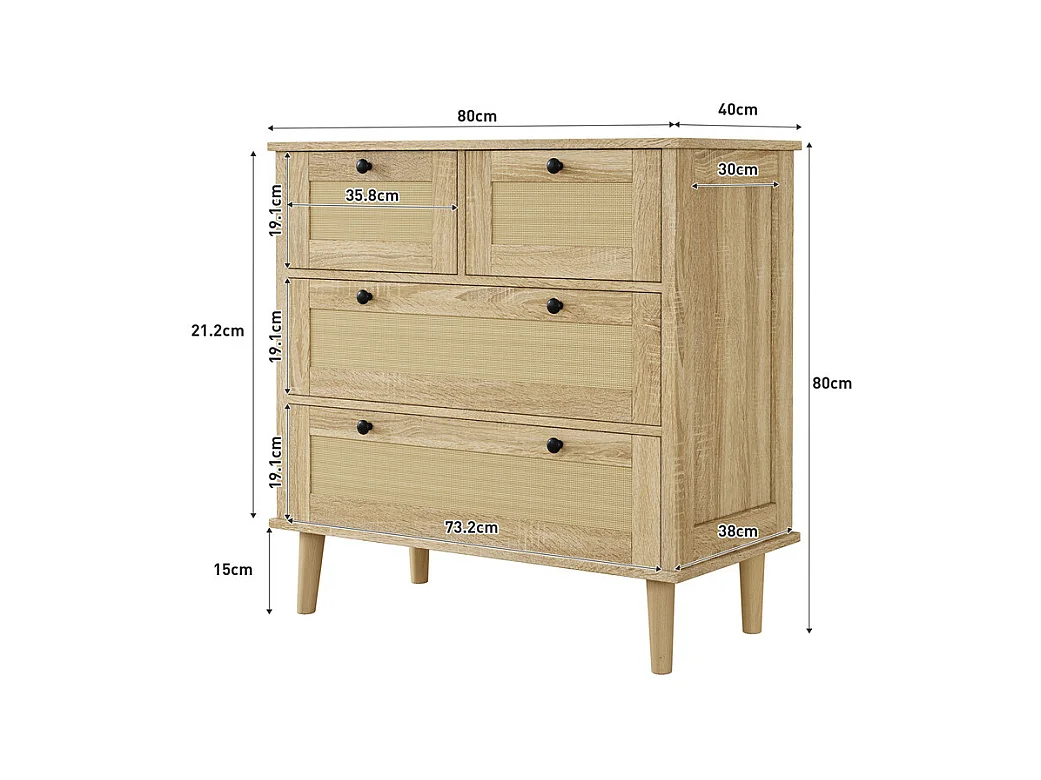 Kommode 4 Rattan Schubladen - mit Schwarzem Griff - Massivholzfüße 80x40x80cm