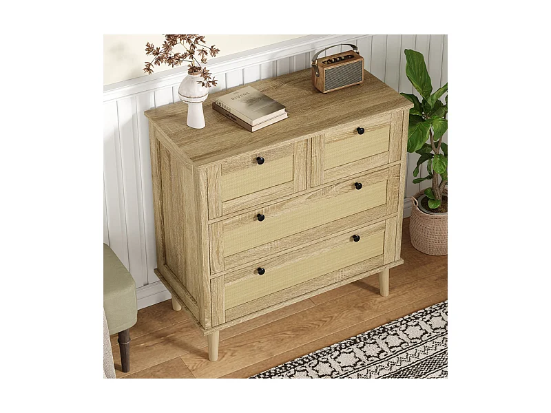 Kommode 4 Rattan Schubladen - mit Schwarzem Griff - Massivholzfüße 80x40x80cm