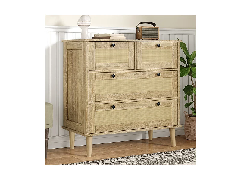 Kommode 4 Rattan Schubladen - mit Schwarzem Griff - Massivholzfüße 80x40x80cm