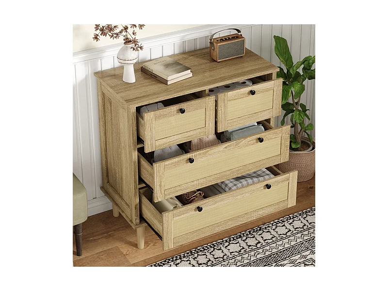 Kommode 4 Rattan Schubladen - mit Schwarzem Griff - Massivholzfüße 80x40x80cm