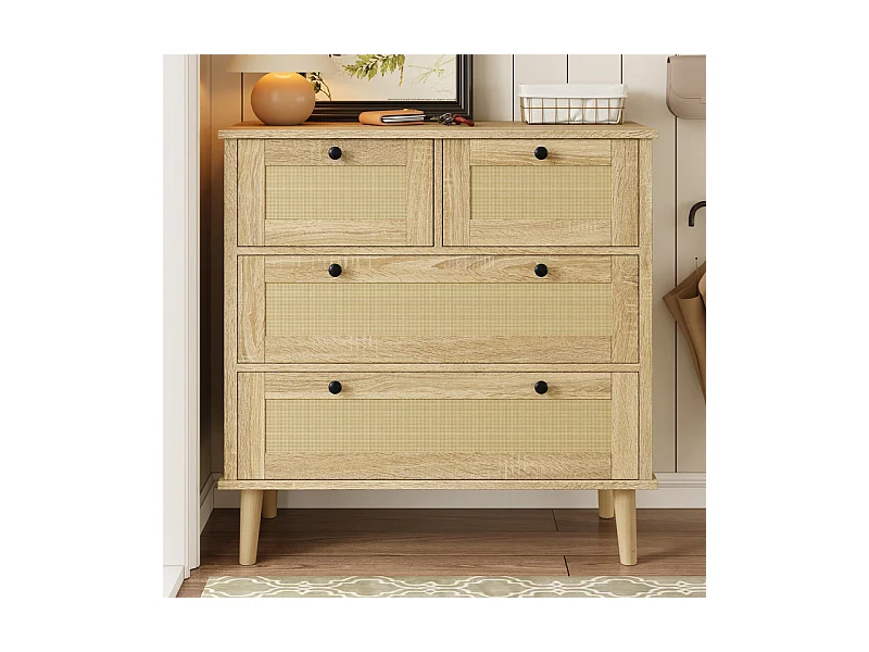 Kommode 4 Rattan Schubladen - mit Schwarzem Griff - Massivholzfüße 80x40x80cm
