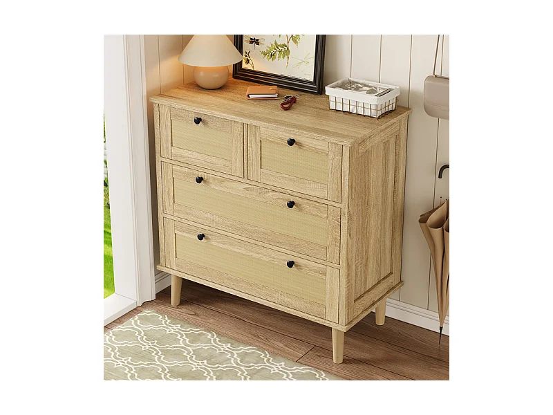 Kommode 4 Rattan Schubladen - mit Schwarzem Griff - Massivholzfüße 80x40x80cm