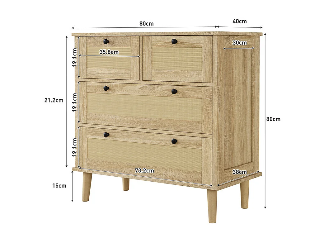 Commode 4 tiroirs en rotin - avec poignée noire - pieds en bois massif - 80x40x80cm